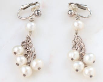 Boucles D'Oreilles Anciennes Pendantes - Perles & Argent Massif, Fermoir Clip (Occasion)