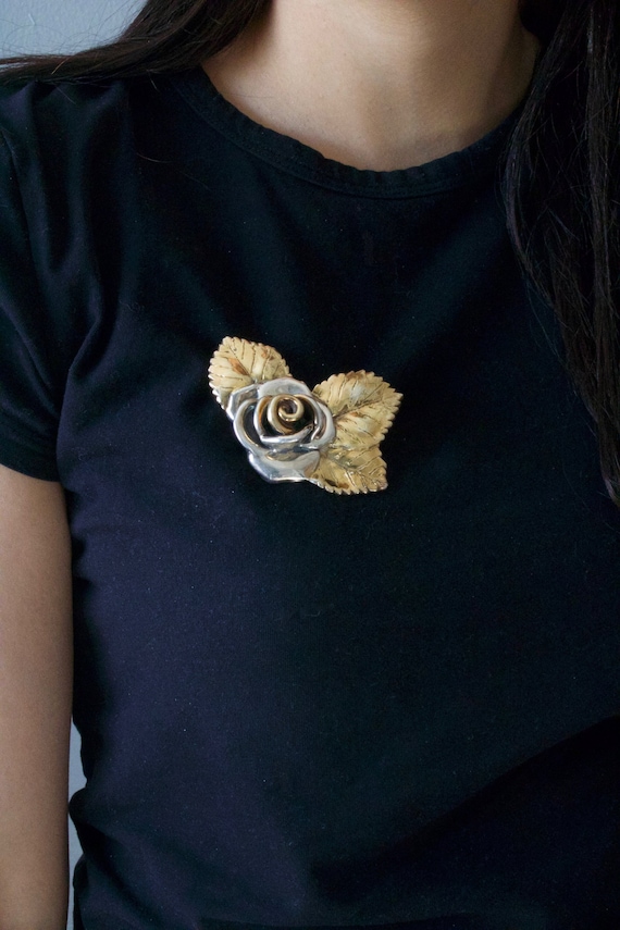Vintage Large Sterling Rose Brooch/Pendant - Gold