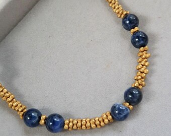 Vintage Sodalite Bead Necklace - Gold Necklace - Gold Bead Necklace - Gift For Her - Gemstone Necklace