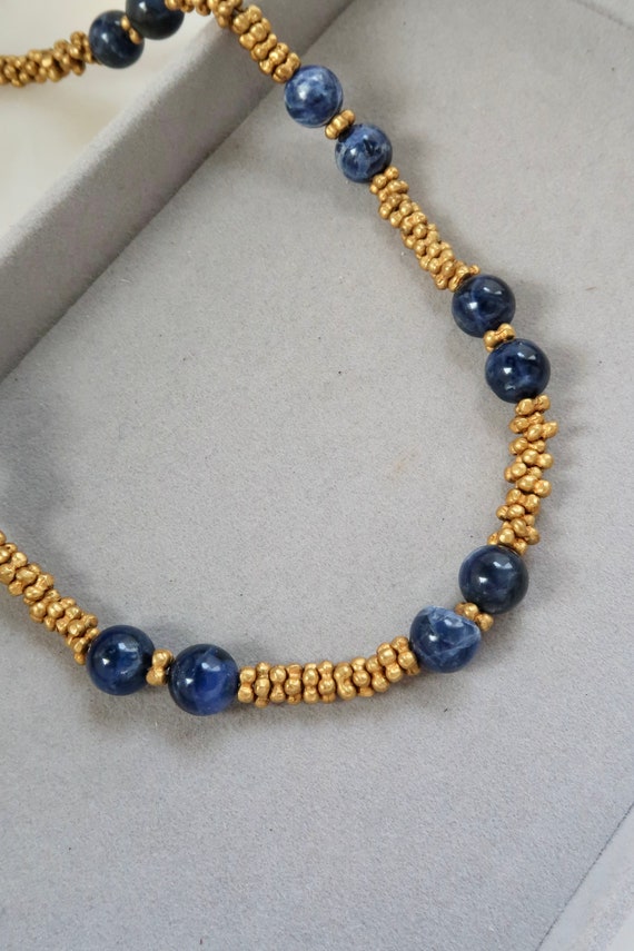 Vintage Sodalite Bead Necklace - Gold Necklace - … - image 1