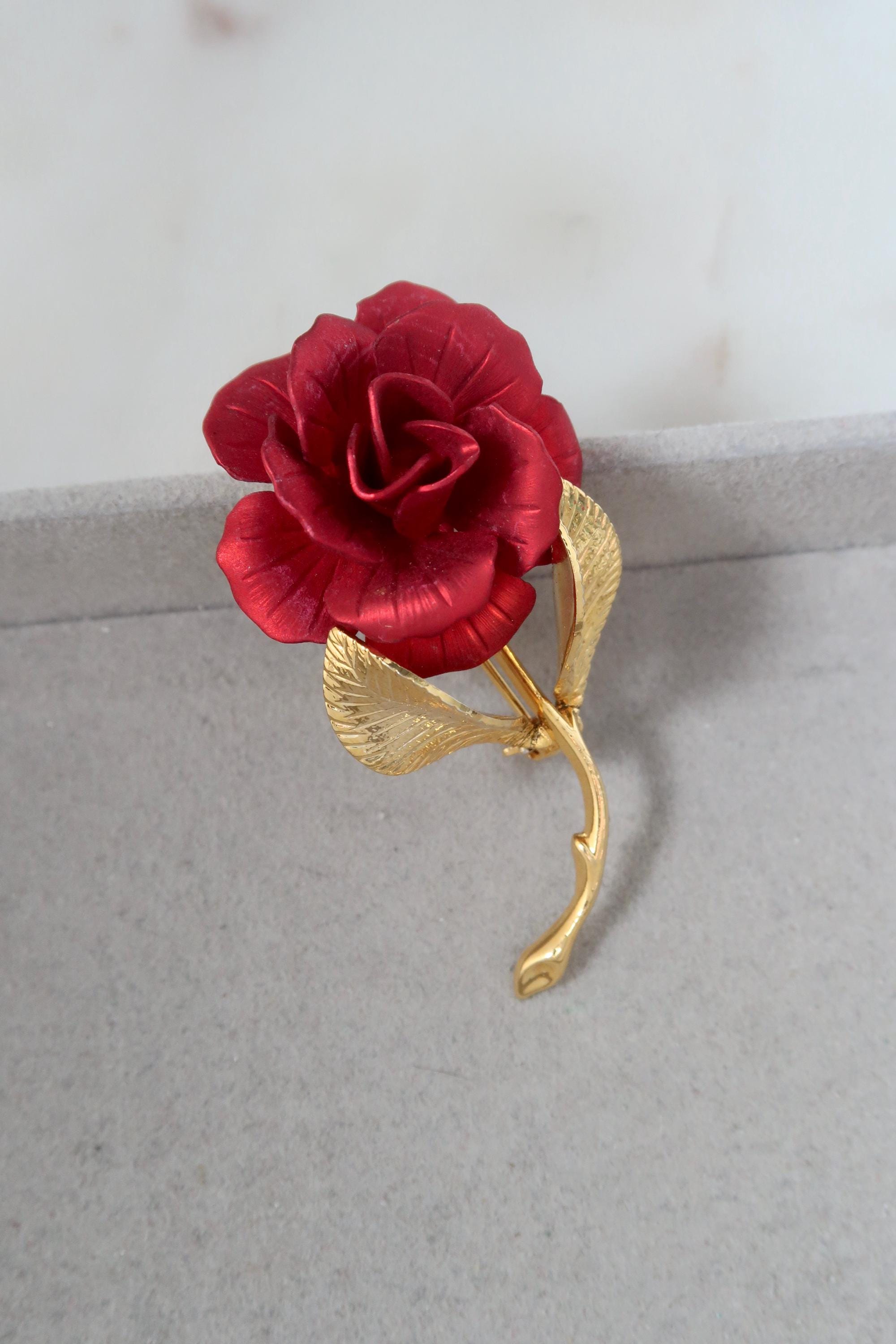 Broche Vintage Fleur Rose Rouge Signée Cerrito - Occasion Très Bon état