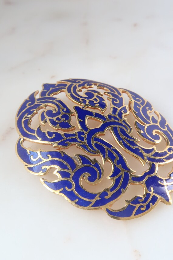 Vintage Blue Enamel Cloisonné Oval Brooch - image 3