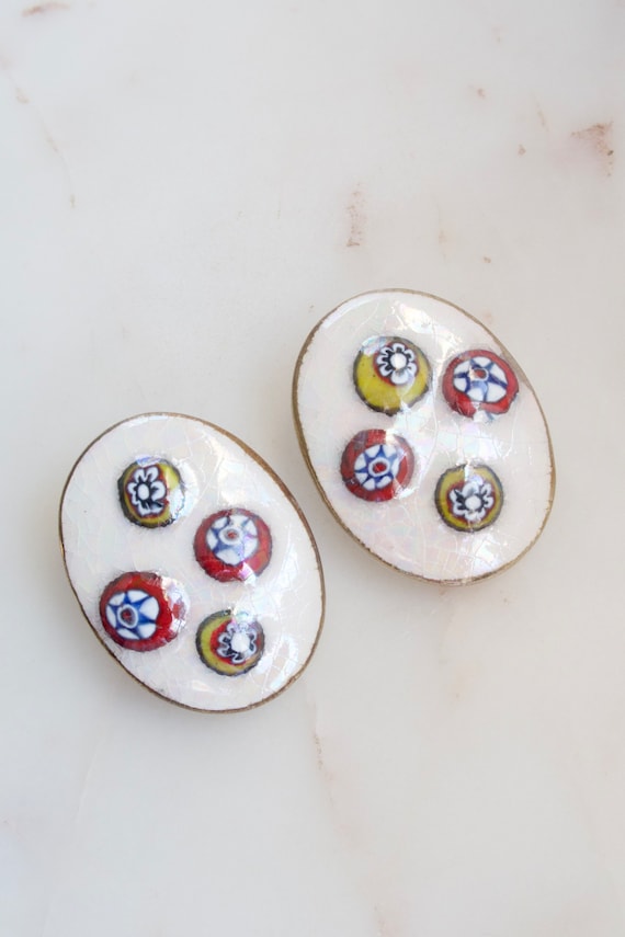 Vintage Large Oval Ceramic Earrings - Iridescent E