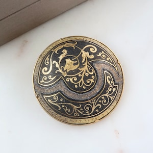Vintage Spanish Damascene Gold Black Round Brooch
