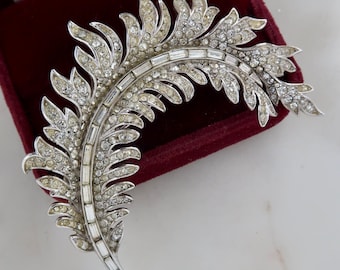 Vintage 1955 Alfred Philippe Crown Trifari Royal Plume Rhinestone Feather Silver Brooch