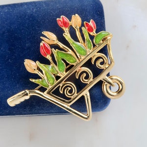 Vintage Gold Wheelbarrow with Flowers Brooch
