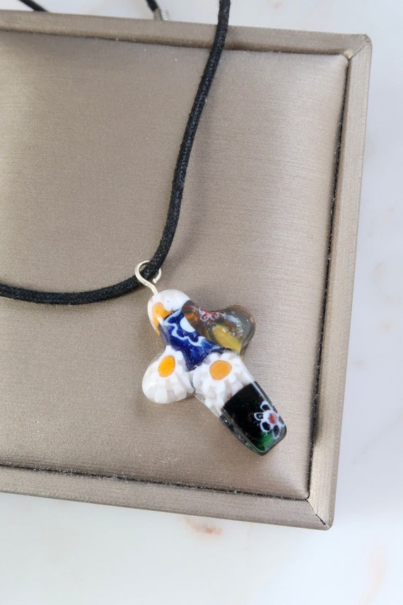 Vintage Italian Murano Millefiori Cross Pendant Necklace