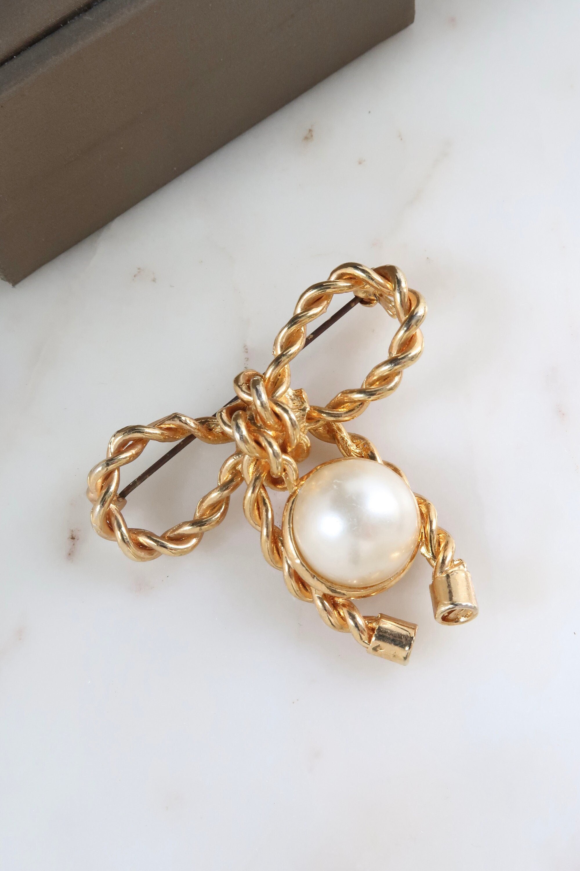 Vintage Gold Pearl Bow Brooch