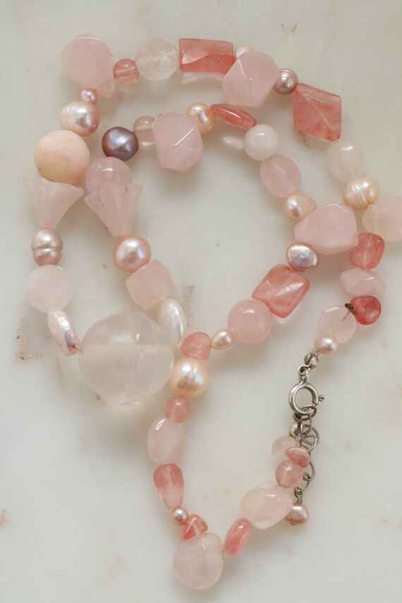 Vintage Gemstone Beaded Necklace - Pink Quartz Be… - image 8