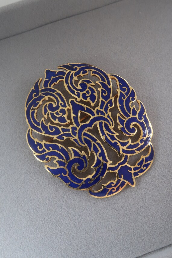 Vintage Blue Enamel Cloisonné Oval Brooch - image 9