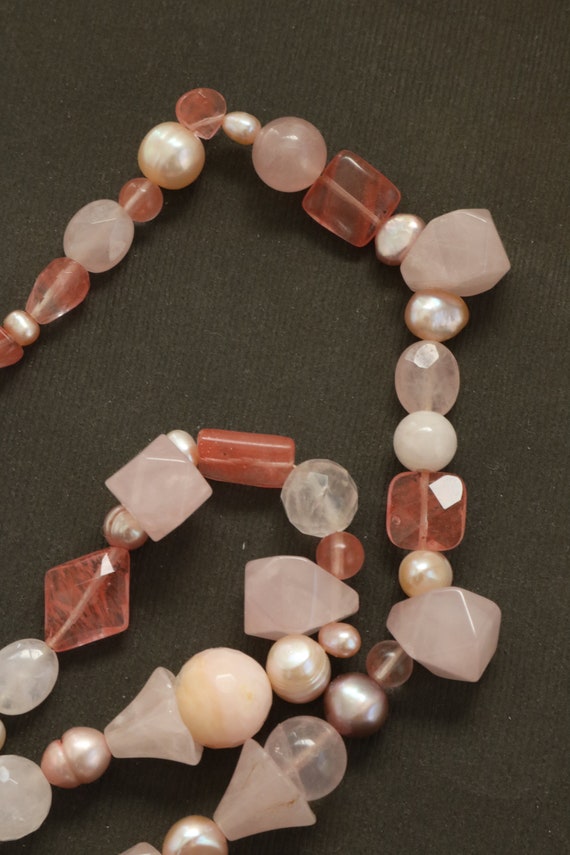 Vintage Gemstone Beaded Necklace - Pink Quartz Be… - image 4