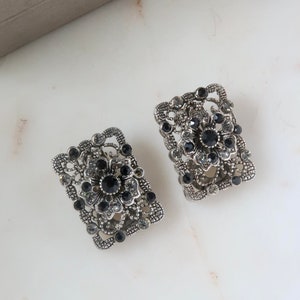 Vintage Silver Filigree Flower Clip On Earrings Rectangle Earrings