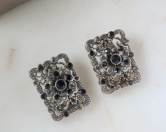 Vintage Silver Filigree Flower Clip On Earrings Rectangle Earrings