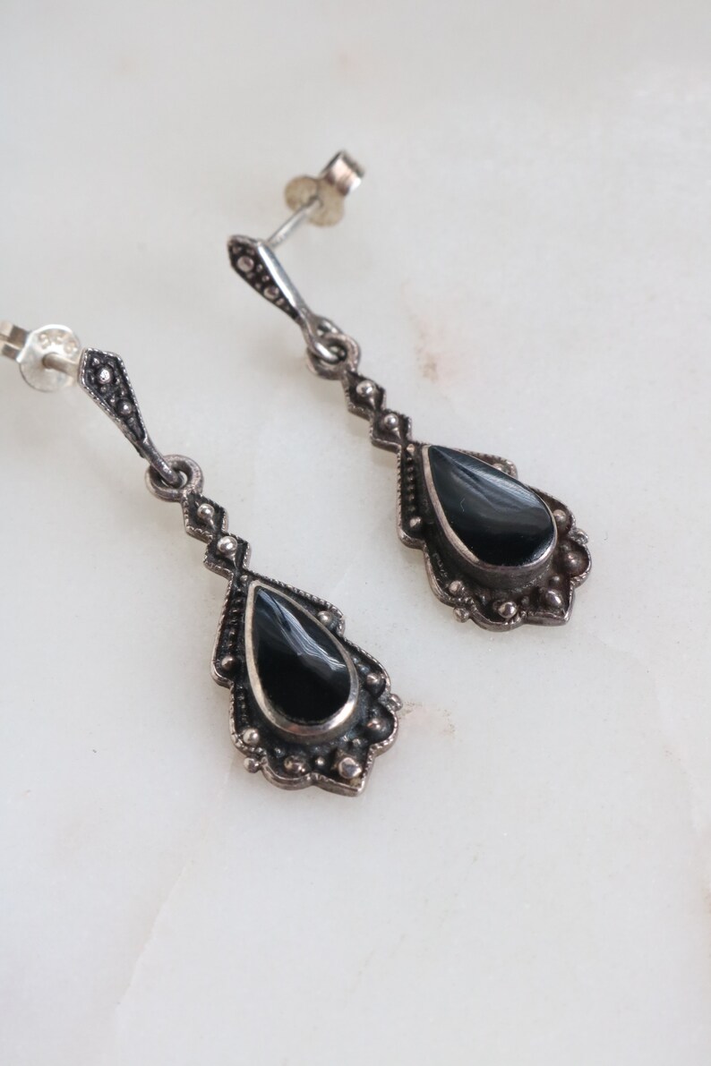 Vintage Onyx Marcasite Sterling Earrings Black Onyx Teardrop | Etsy