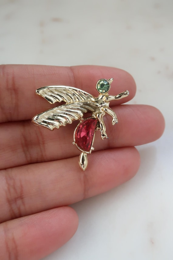 Broche Vintage Grande Mouche Dorée à Strass Rouge - Bon état - Origine France