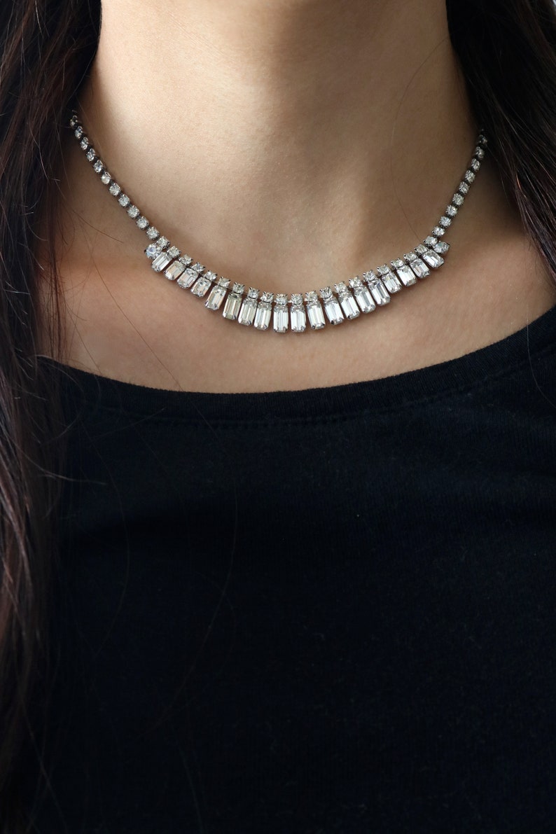 1950/'s Sparkly Bib Crystal Necklace Statement Necklace Vintage Weiss Rhinestone necklace
