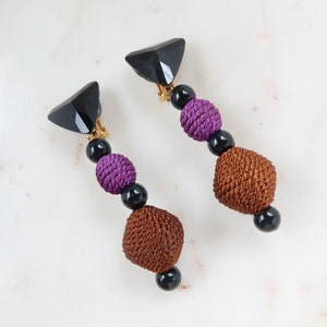 Vintage Fabric Beads Dangle Earrings Geometric Purple Brown Bead Clip On Earrings