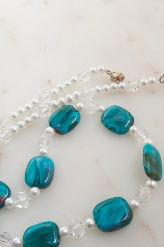 Vintage Teal Glass Bead Necklace - Pearl Bead Nec… - image 5