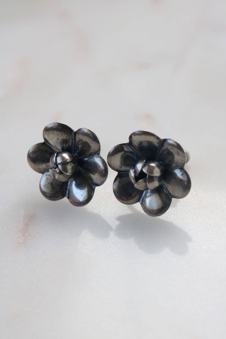 Silver Flower Earrings Boho Silver Earrings Vintage Sterling Silver Rose Flower Earrings Tribal Flower Earrings