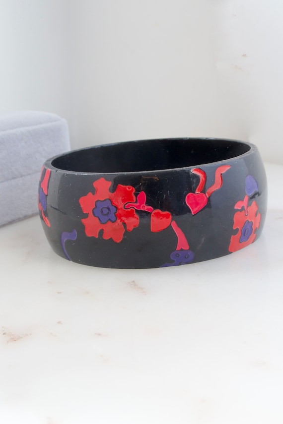 Vintage Black Wooden Bangle Bracelet - Red Floral 