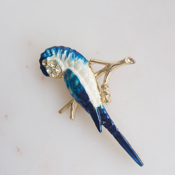 Vintage Blue and White Enamel Parrot Brooch - Blue Parrot Pin - Bird Brooch - Blue Bird Pin - Rhinestone Parrot Brooch