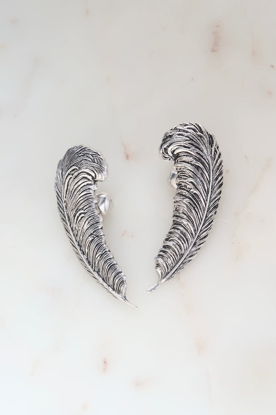Silver Feather Ear Climbers Earrings