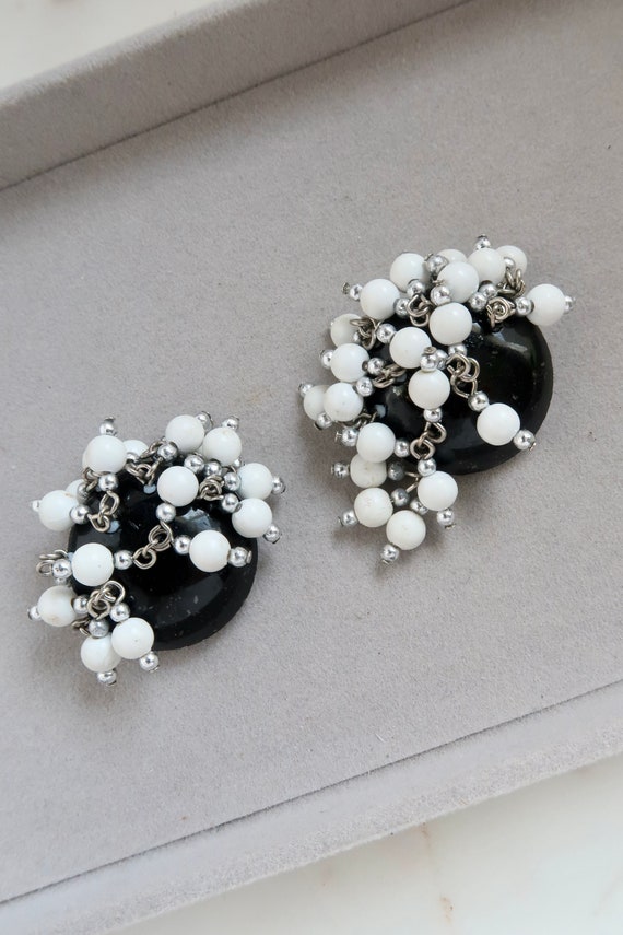 Vintage Black and White Beaded Clip On Earrings