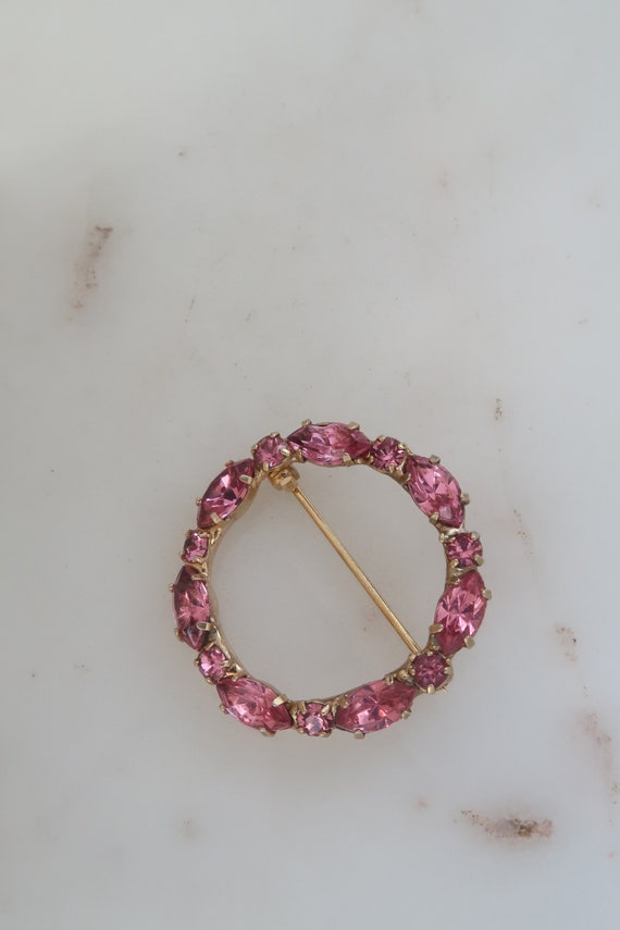 Vintage Pink Rhinestone Circle Brooch - image 6