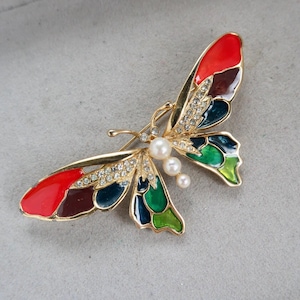 Vintage Rhinestone Butterfly Brooch - Multi Color Enamel Pearl Butterfly Brooch
