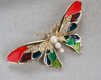 Vintage Rhinestone Butterfly Brooch: Enamel & Pearl Gold Tone