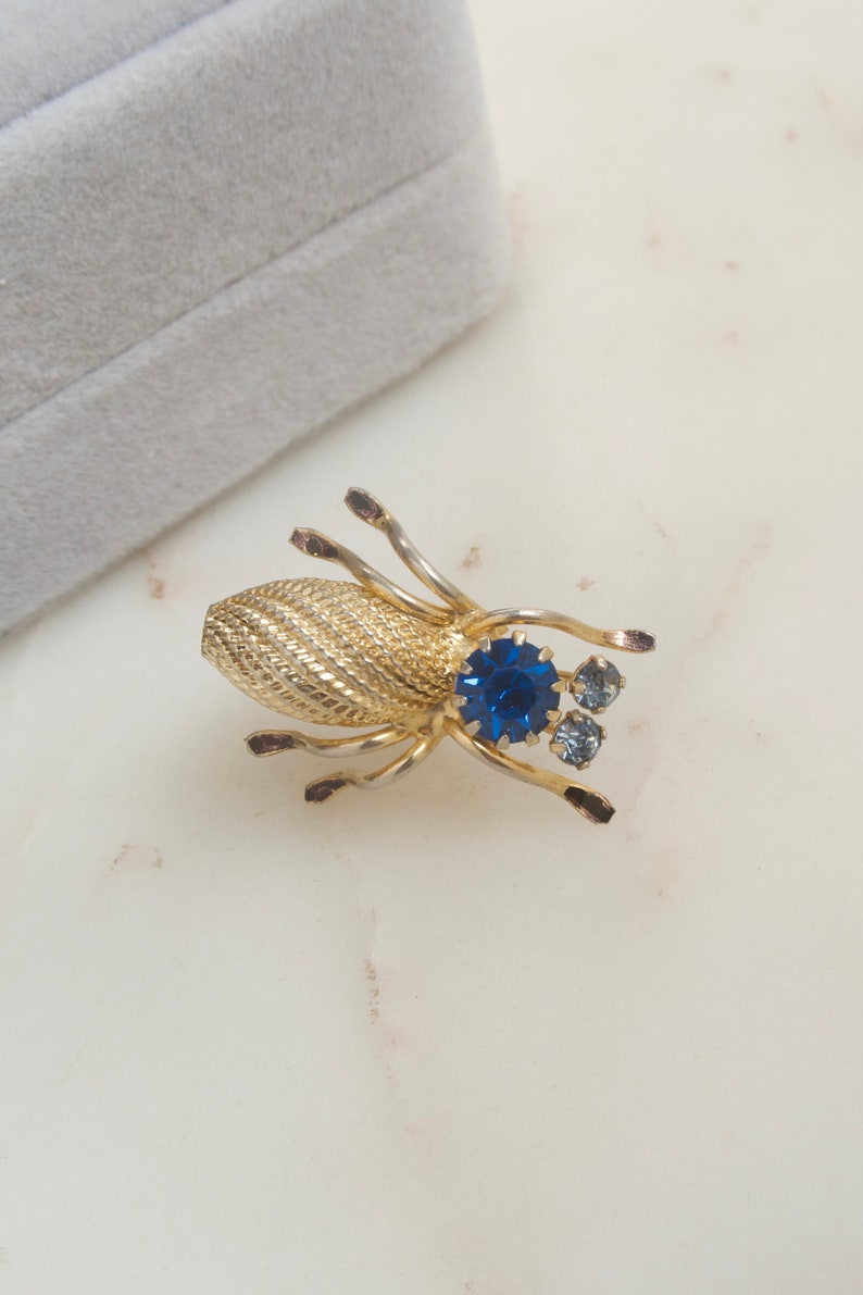 Vintage Gold Spider Brooch - Blue Rhinestone Spider Brooch - Insect ...