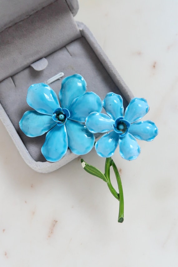 Vintage 1960’s Large Bright Teal Blue & Purple Flower Statement Brooch 2 2/3” 1960s Vintage FLOWER POWER Deep Blue & Turquoise Enamel  main image 3