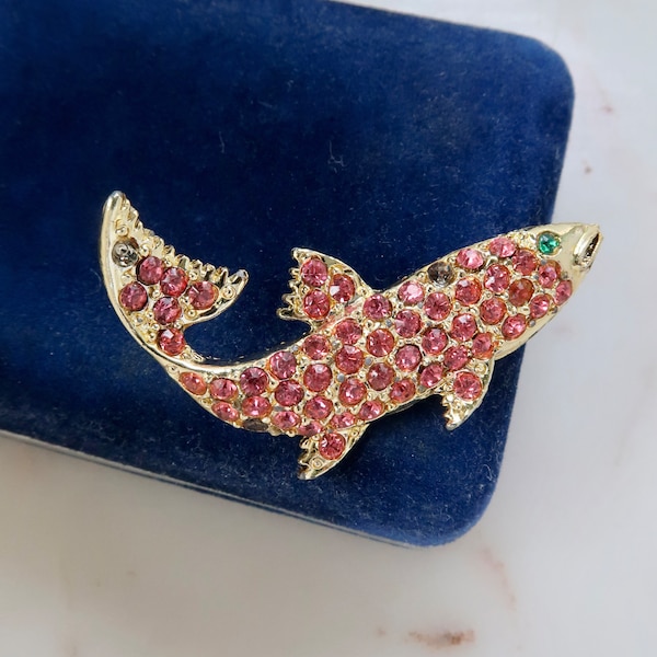 Vintage Pink Rhinestone Fish Brooch Gold Fish Pin