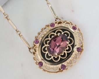 Vintage 1950's CORO Gold Necklace Purple Glass Oval Necklace Gold Filigree Oval Necklace Amethyst Purple Necklace Crystal Necklace