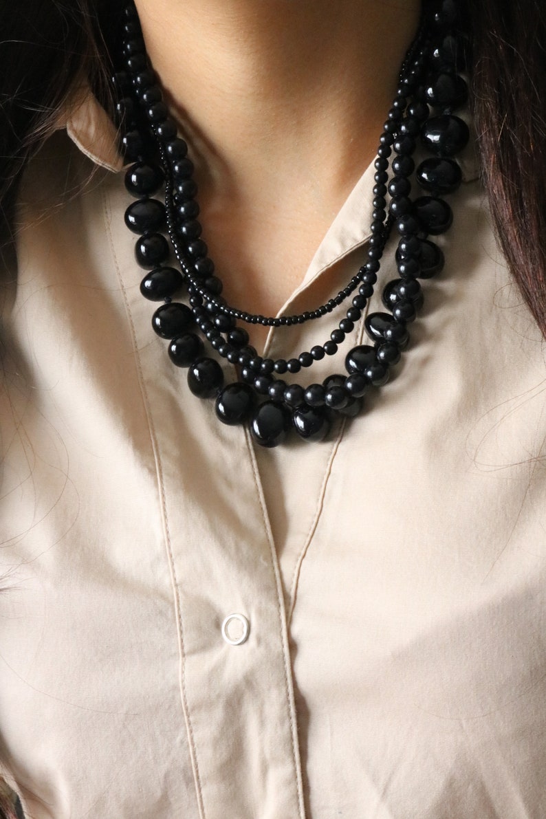Black Bead Strand Necklace
