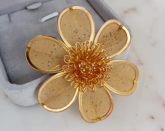Broche Vintage Fleur Rose En Dentelle - Bijou Rétro Couleur Or Poli, Occasion, Référence *4219