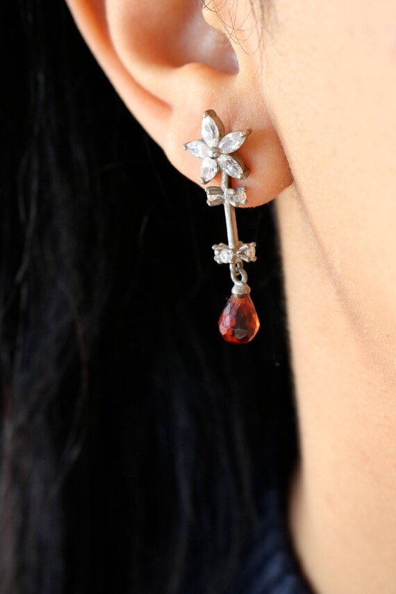 Cubic Zirconia Flower Earrings - Red Garnet Drop E