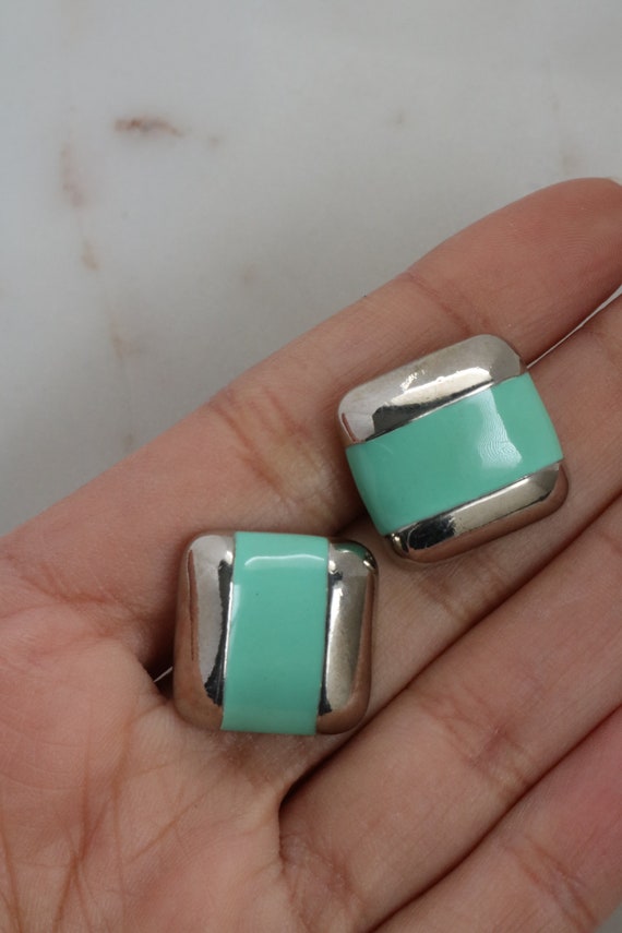 Vintage Avon Silver and Green Enamel Square Earri… - image 3