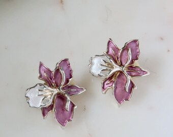 Vintage Purple Orchid Flower Clip On Earrings