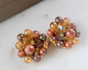 Vintage HONG KONG Brown Bead Cluster Earrings