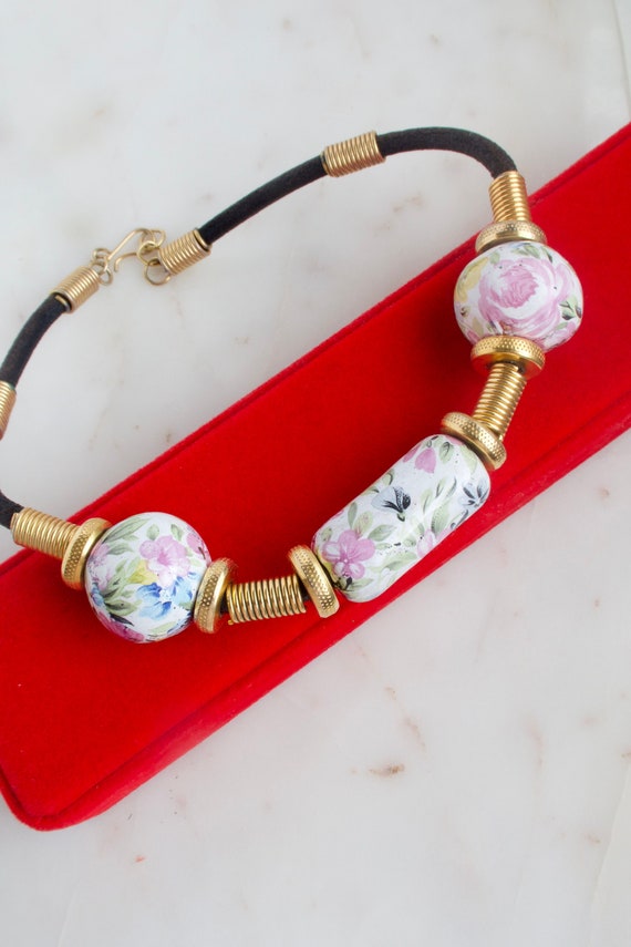 Vintage Floral Porcelain Bead Necklace - Leather Necklace