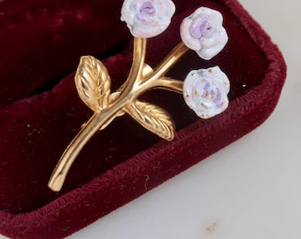 Broche floral vintage de rosa morada y oro