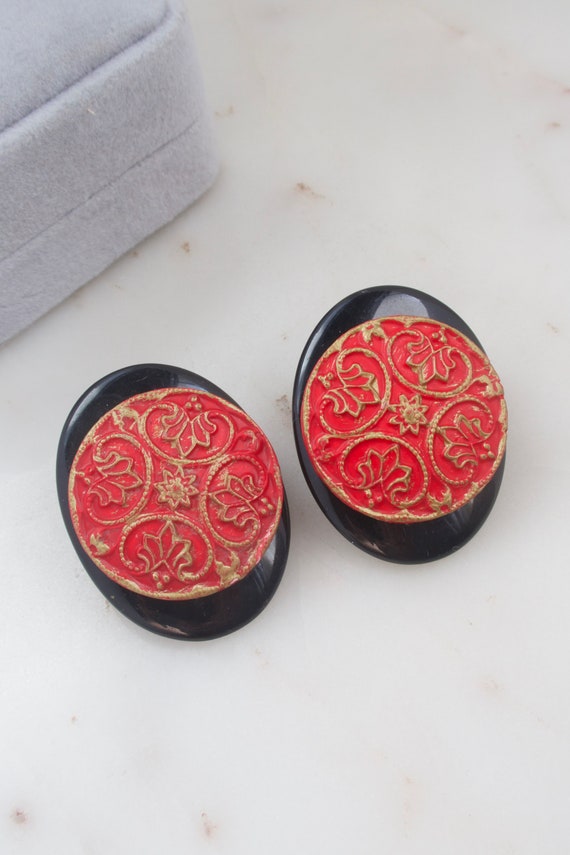 Vintage Black and Red Geometric Earrings - Black … - image 8