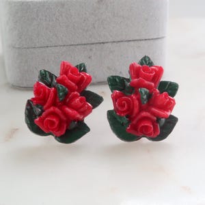 Vintage JAPAN Red Rose Flower Bouquet Screw Back Earrings
