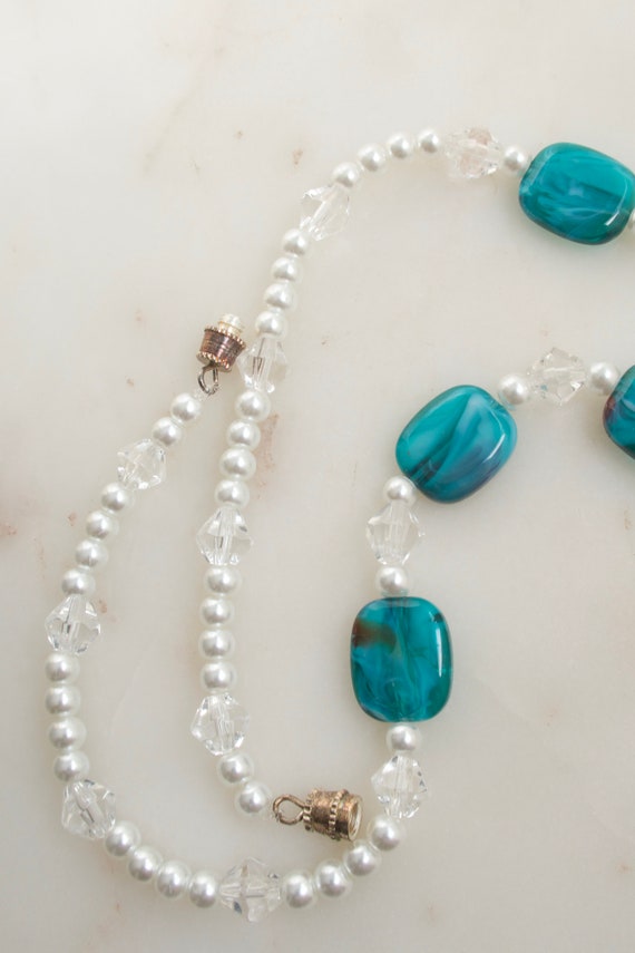 Vintage Teal Glass Bead Necklace - Pearl Bead Nec… - image 8