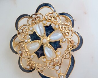 Vintage blauw emaille gouden filigraan broche