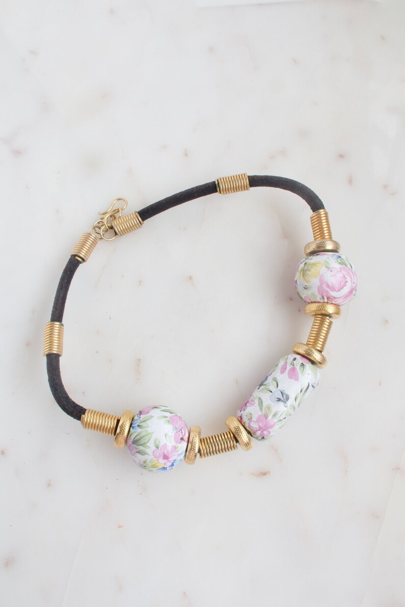 Vintage Floral Porcelain Bead Necklace - Leather Necklace image 2