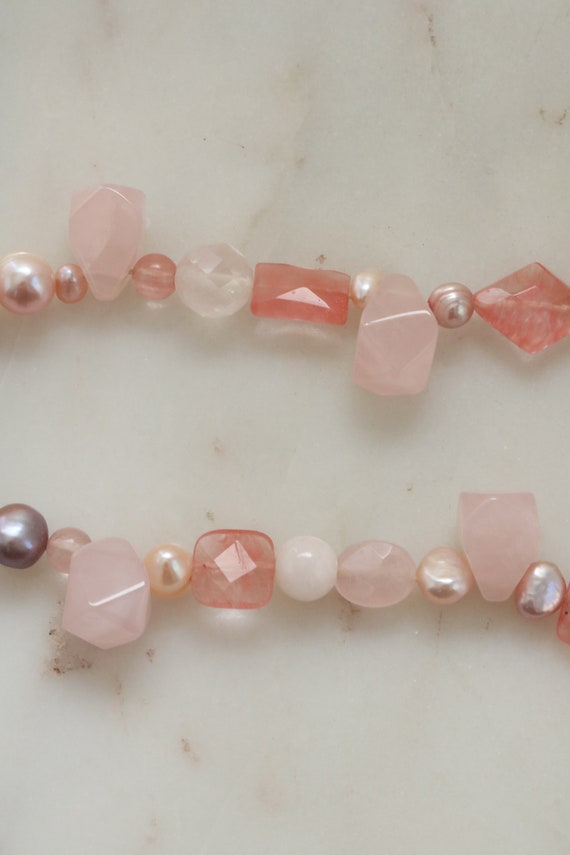 Vintage Gemstone Beaded Necklace - Pink Quartz Be… - image 7