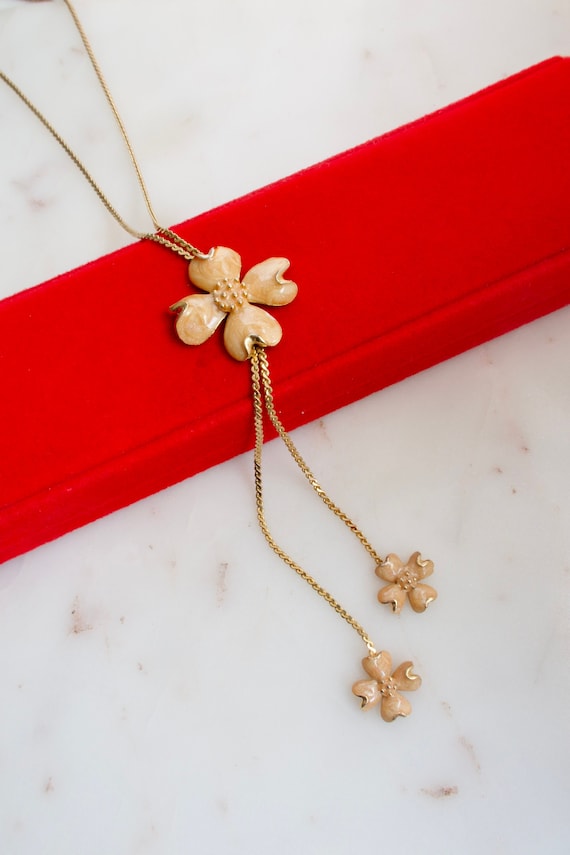 Vintage Flower Lariat Necklace - Enamel Floral Lar