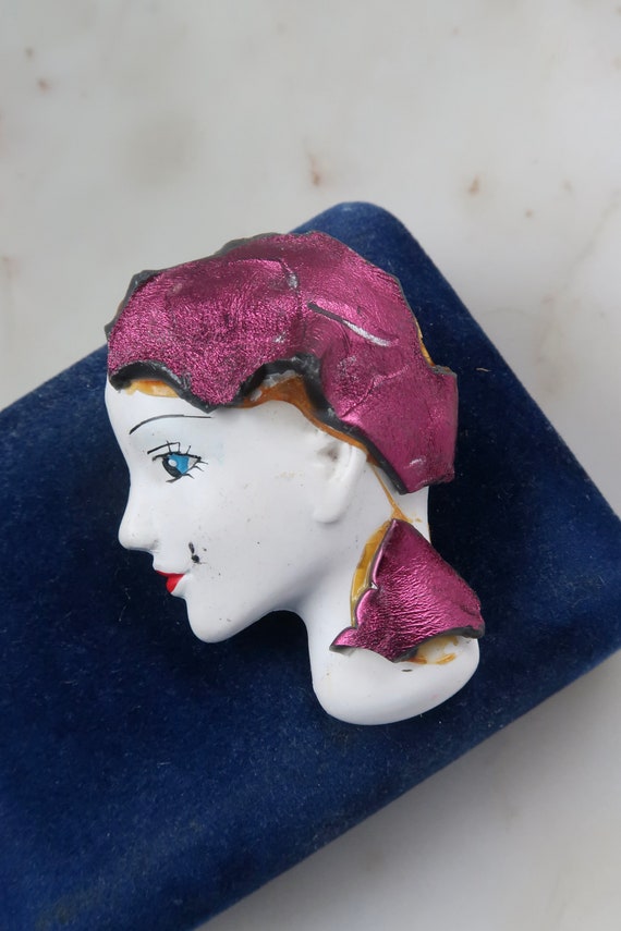 Vintage Lady Head Brooch: Doll Head Pin